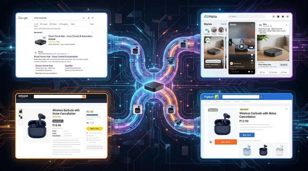 One hub feeding Google, Meta, Amazon and Flipkart through automated ad pipelines